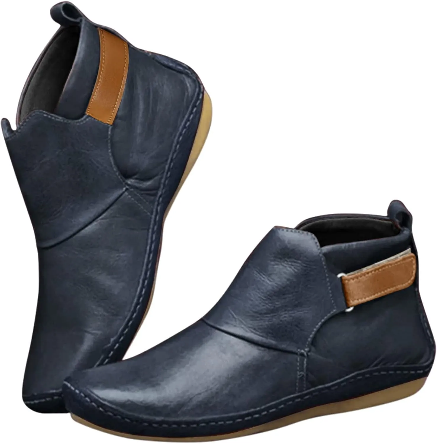Ankle Booties for Women No Heel Arch Support Ankle Boots Comfy Flat Heel Booties Vintage Leather Damping Shoes
