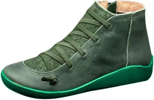 Ankle Boots for Women Arch Support Low Heel Booties Fashion Lace Up Zipper Boots Vintage Leather Short Booties