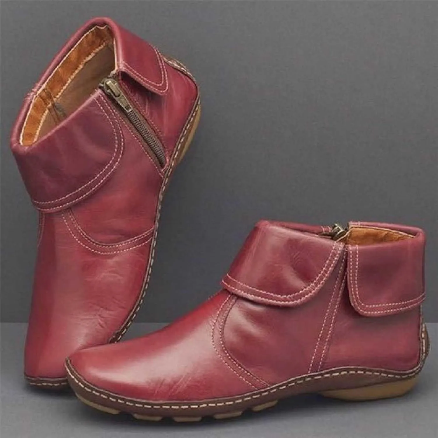 Ankle Boots for Women Brown Booties for Women Comfortable Boots for Women Flat Boot Laces Lightweight Cute Round Toe Cut Out Chunky Stacked Heel Slip on