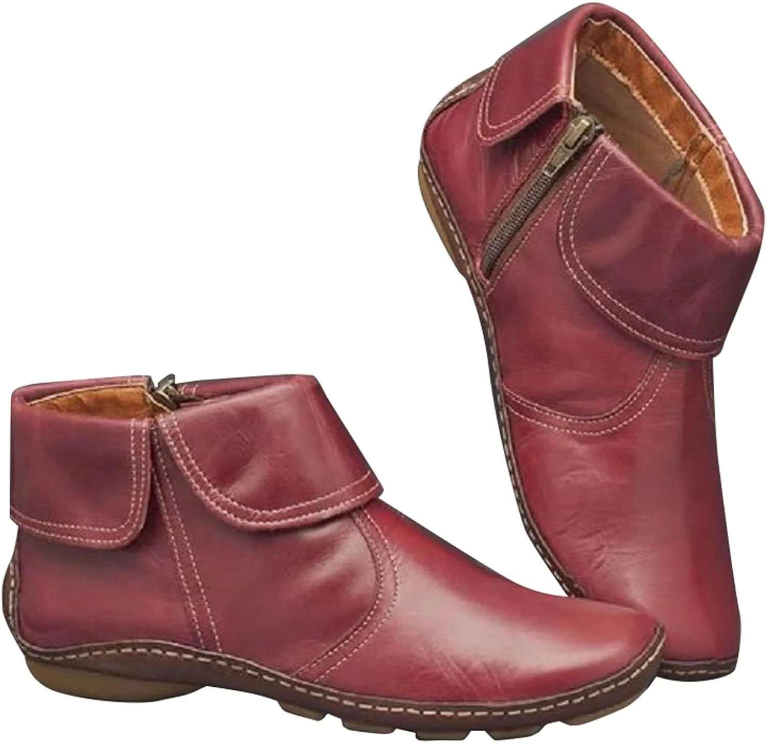 Ankle Boots for Women Brown Booties for Women Comfortable Boots for Women Flat Boot Laces Lightweight Cute Round Toe Cut Out Chunky Stacked Heel Slip on