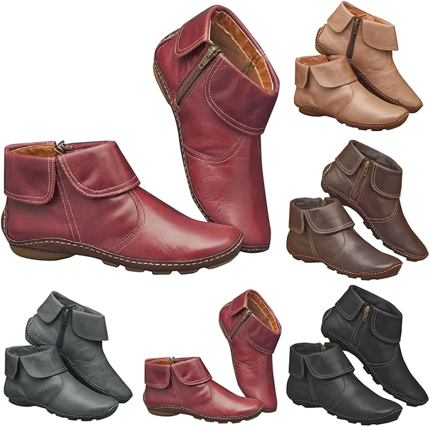 Ankle Boots for Women Brown Booties for Women Comfortable Boots for Women Flat Boot Laces Lightweight Cute Round Toe Cut Out Chunky Stacked Heel Slip on