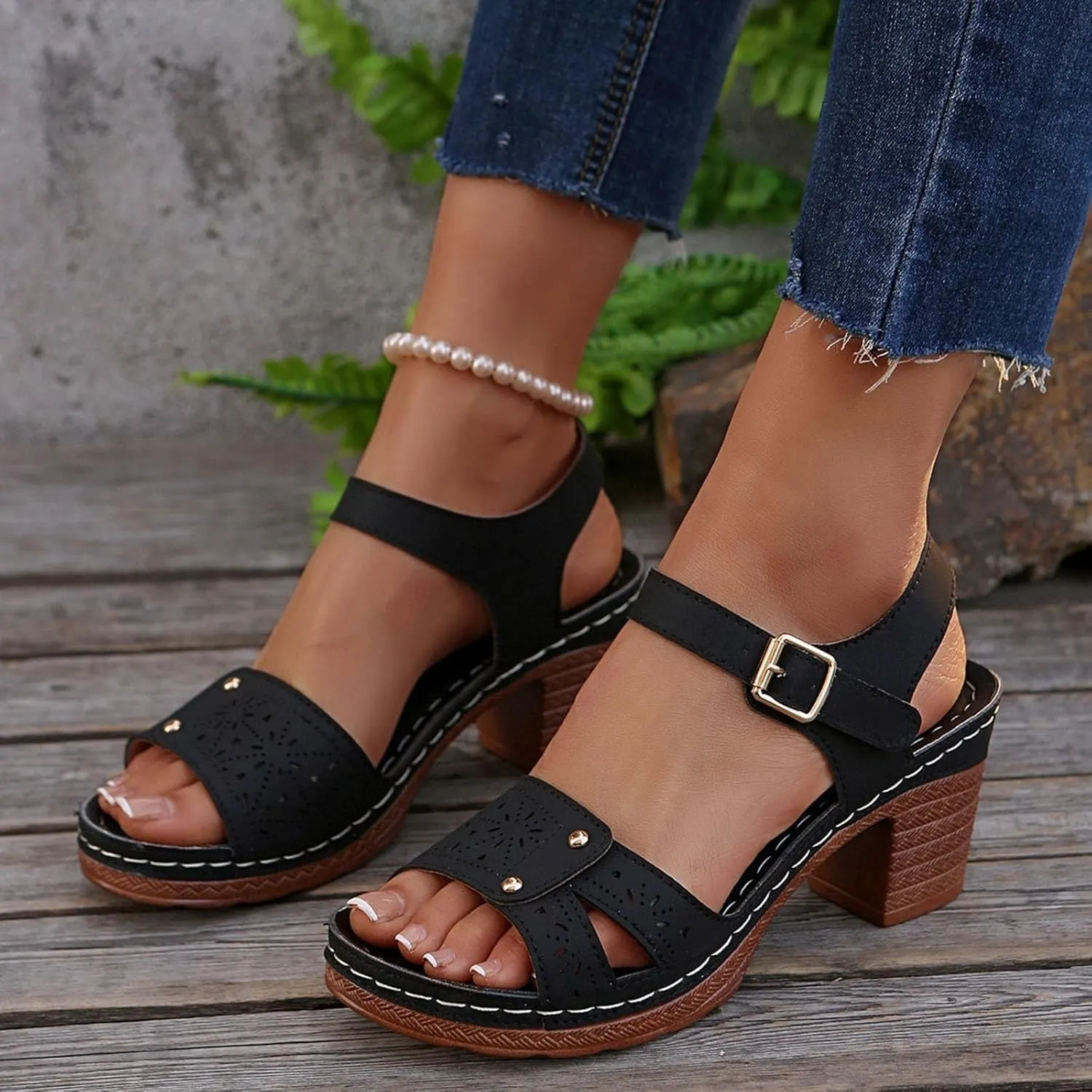 Beach Sandals for Women Comfortable Dressy Arch Support Ankle Strap Wedge Platform Summer Casual Hollow Out Open Toe Low 2025 Heel Breathable Shoes Orthopedic Peep Cutout Chunky Heeled
