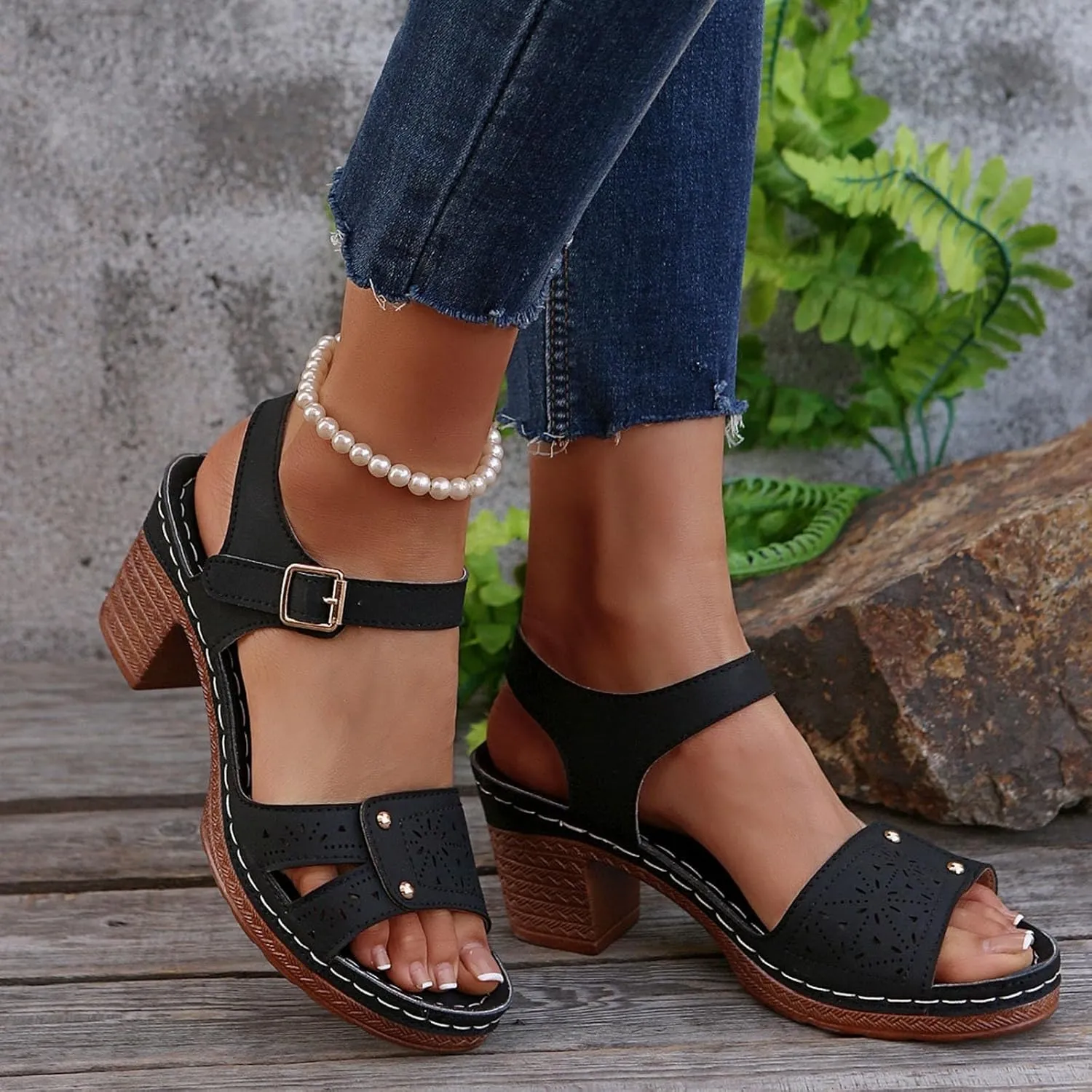 Beach Sandals for Women Comfortable Dressy Arch Support Ankle Strap Wedge Platform Summer Casual Hollow Out Open Toe Low 2025 Heel Breathable Shoes Orthopedic Peep Cutout Chunky Heeled