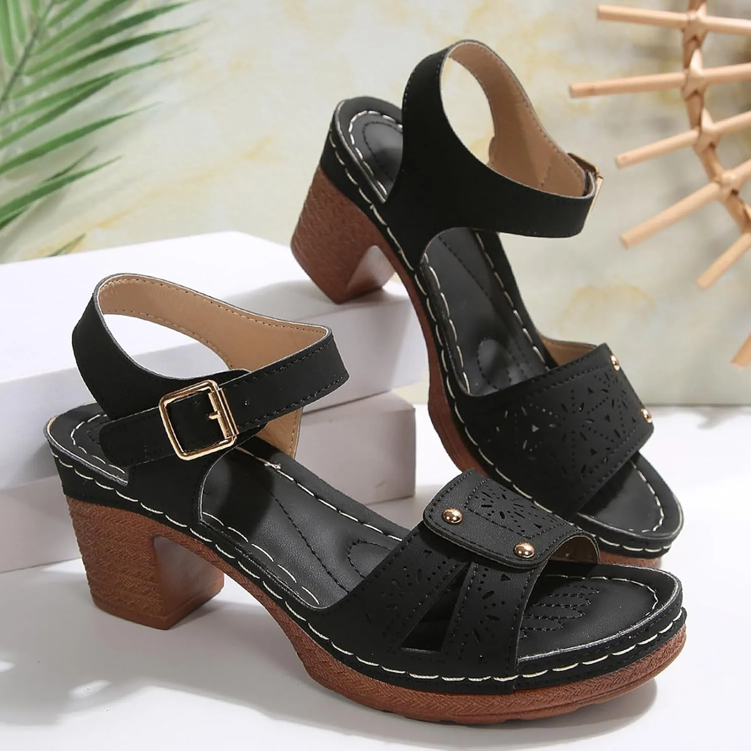 Beach Sandals for Women Comfortable Dressy Arch Support Ankle Strap Wedge Platform Summer Casual Hollow Out Open Toe Low 2025 Heel Breathable Shoes Orthopedic Peep Cutout Chunky Heeled