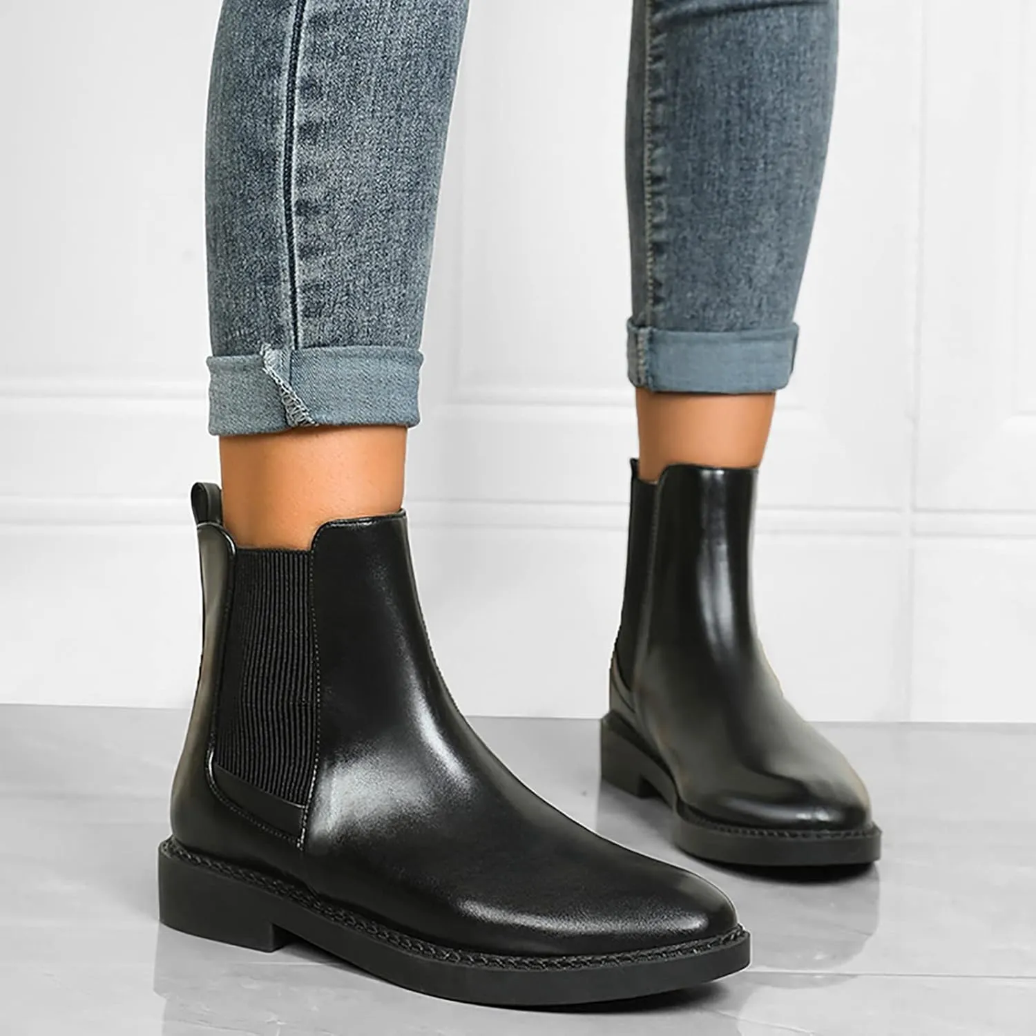 Black Boots for Women Ankle Boot Womens Flat Booties Mens Low Cut Boots Dress Shoes for Women Solid Color Comfy Casual Pump Closed Toe Stacked Heel