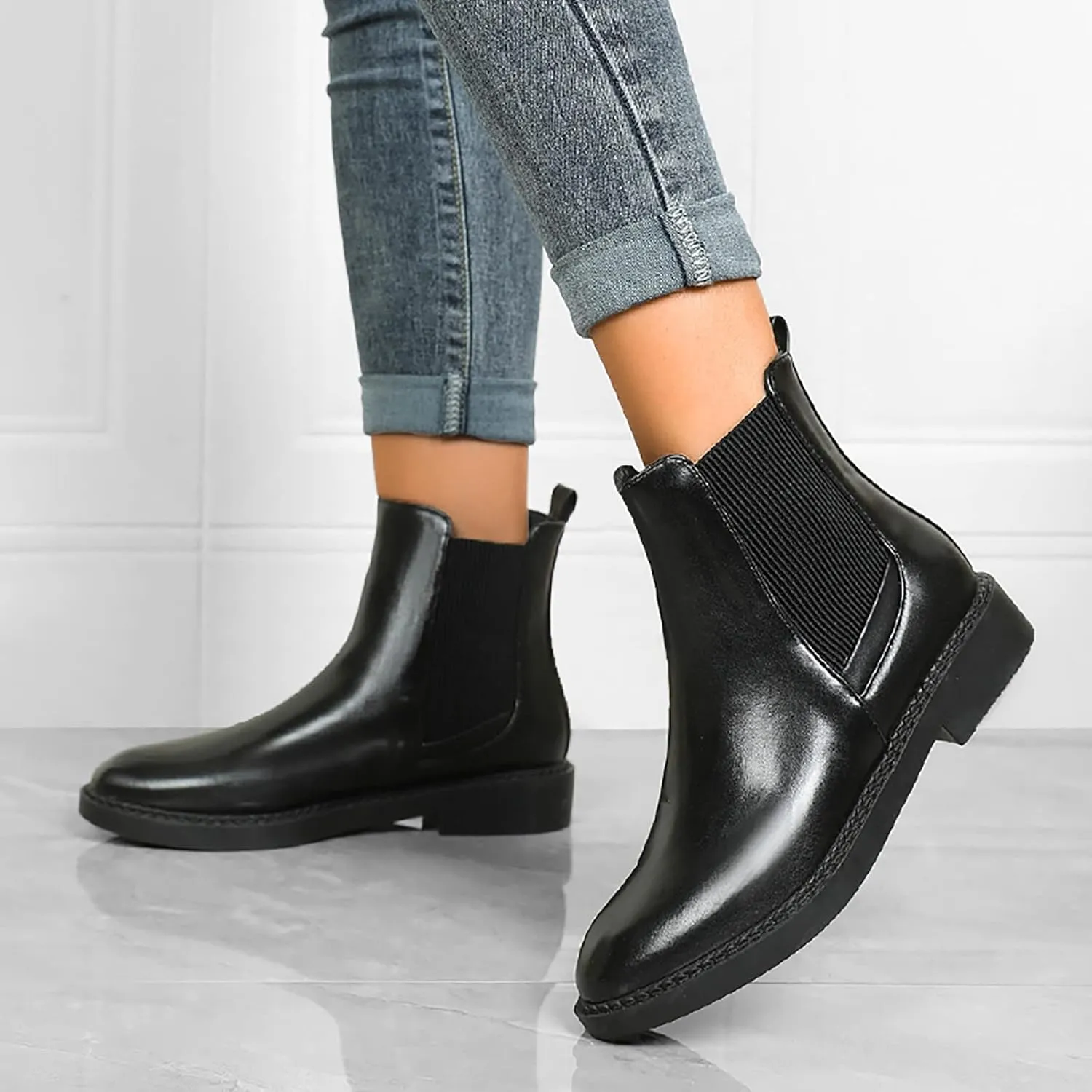 Black Boots for Women Ankle Boot Womens Flat Booties Mens Low Cut Boots Dress Shoes for Women Solid Color Comfy Casual Pump Closed Toe Stacked Heel