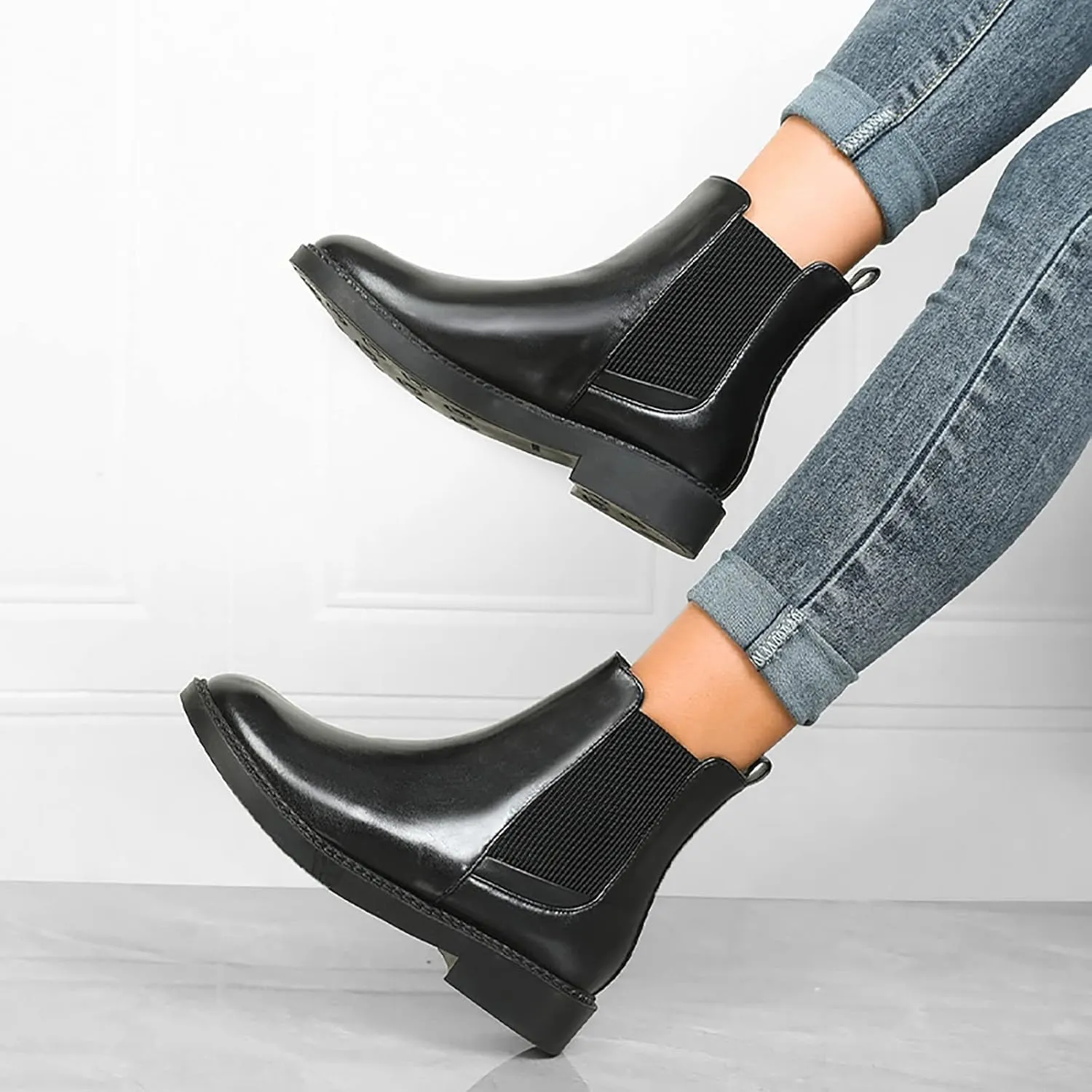 Black Boots for Women Ankle Boot Womens Flat Booties Mens Low Cut Boots Dress Shoes for Women Solid Color Comfy Casual Pump Closed Toe Stacked Heel