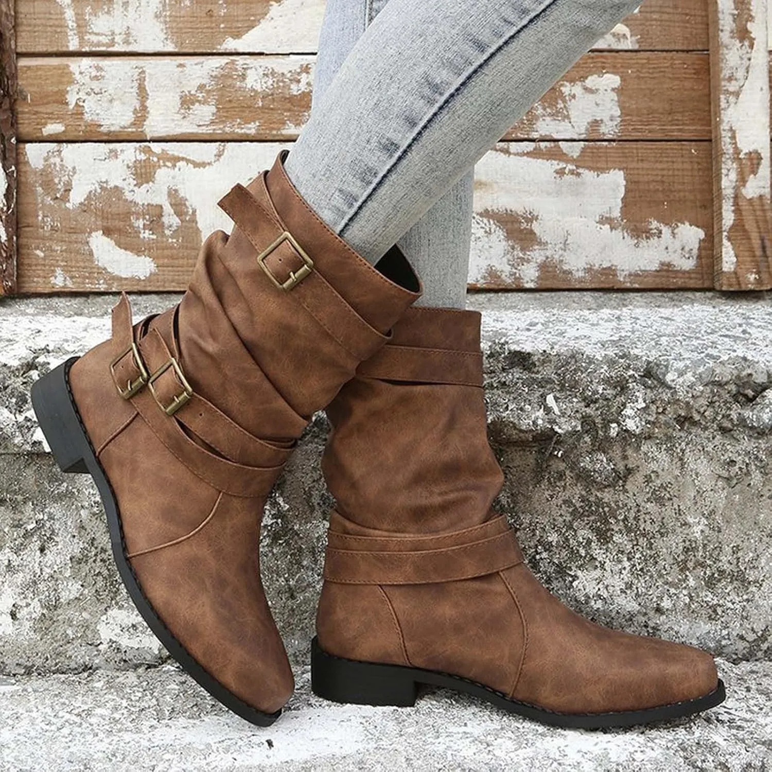 Boots for Women Mid Calf Dress Western Round Toe Riding Shoes Winter Fall Warm Booties with Pull-on Buckle Belt for Ladies