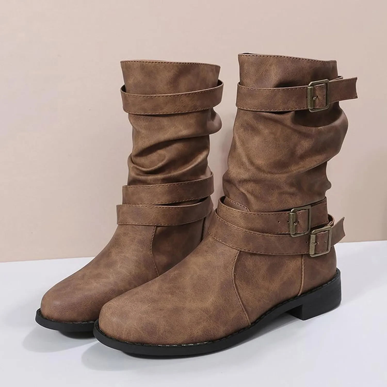 Boots for Women Mid Calf Dress Western Round Toe Riding Shoes Winter Fall Warm Booties with Pull-on Buckle Belt for Ladies