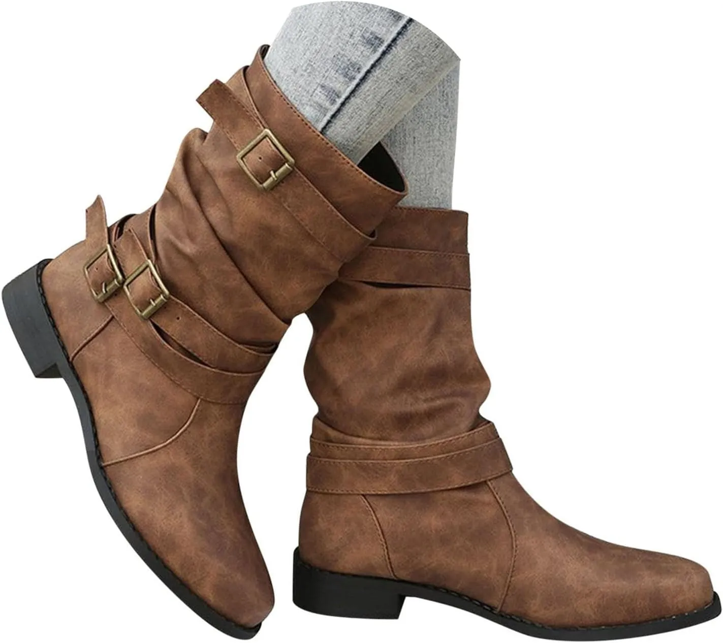 Boots for Women Mid Calf Dress Western Round Toe Riding Shoes Winter Fall Warm Booties with Pull-on Buckle Belt for Ladies