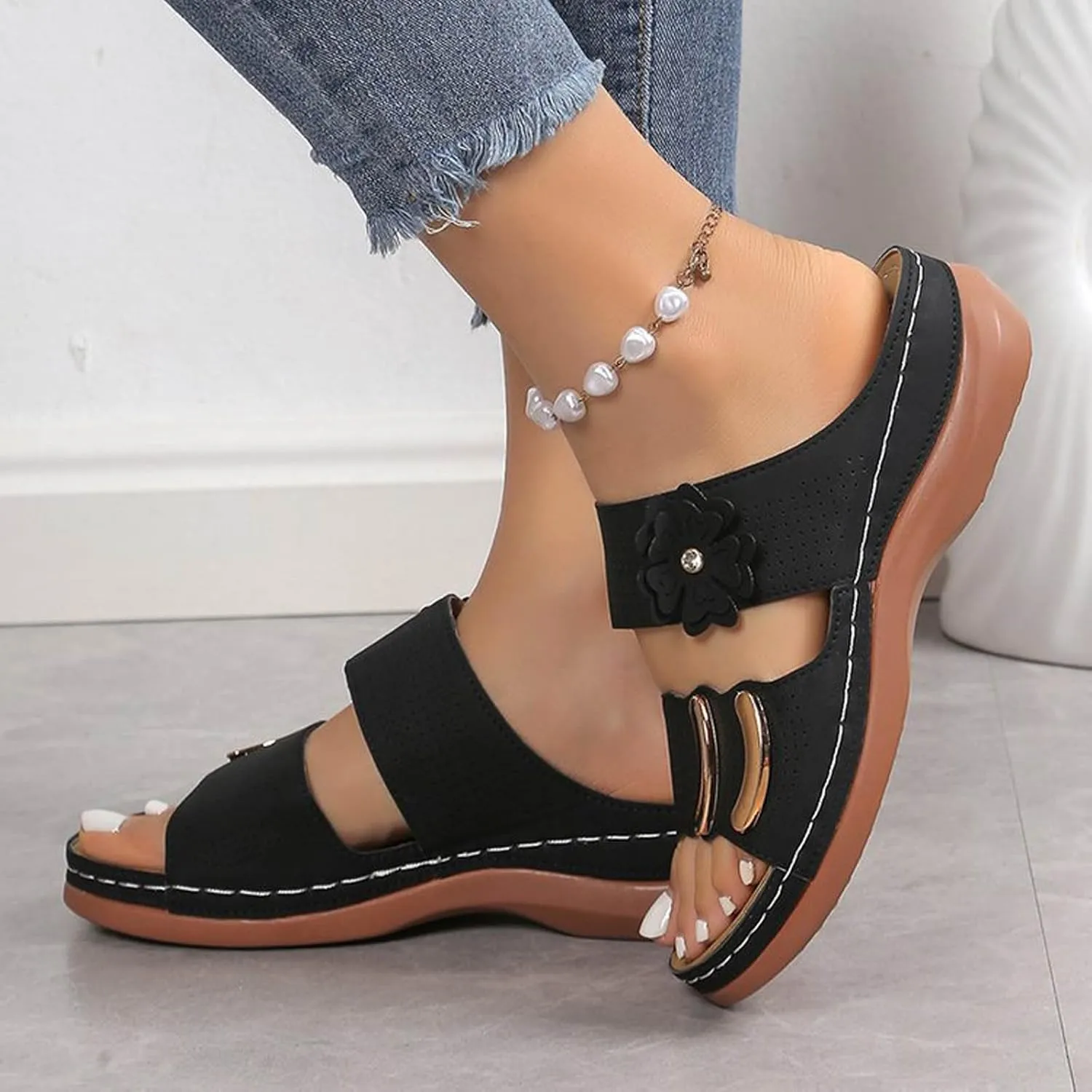 Casual Sandals for Women Arch Support Orthopedic Wedge Sandal Two Band Slip On Summer Platforms Open Toe Comfy Shoes