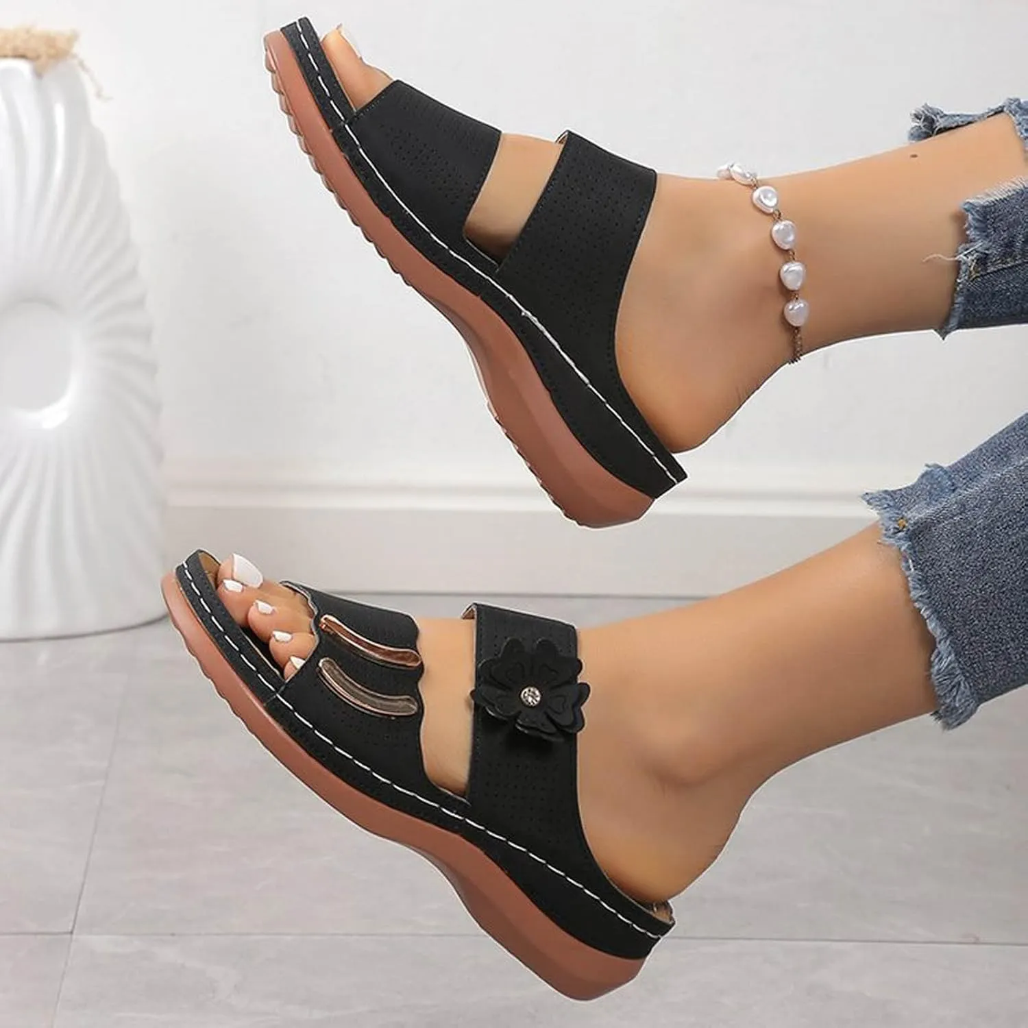 Casual Sandals for Women Arch Support Orthopedic Wedge Sandal Two Band Slip On Summer Platforms Open Toe Comfy Shoes