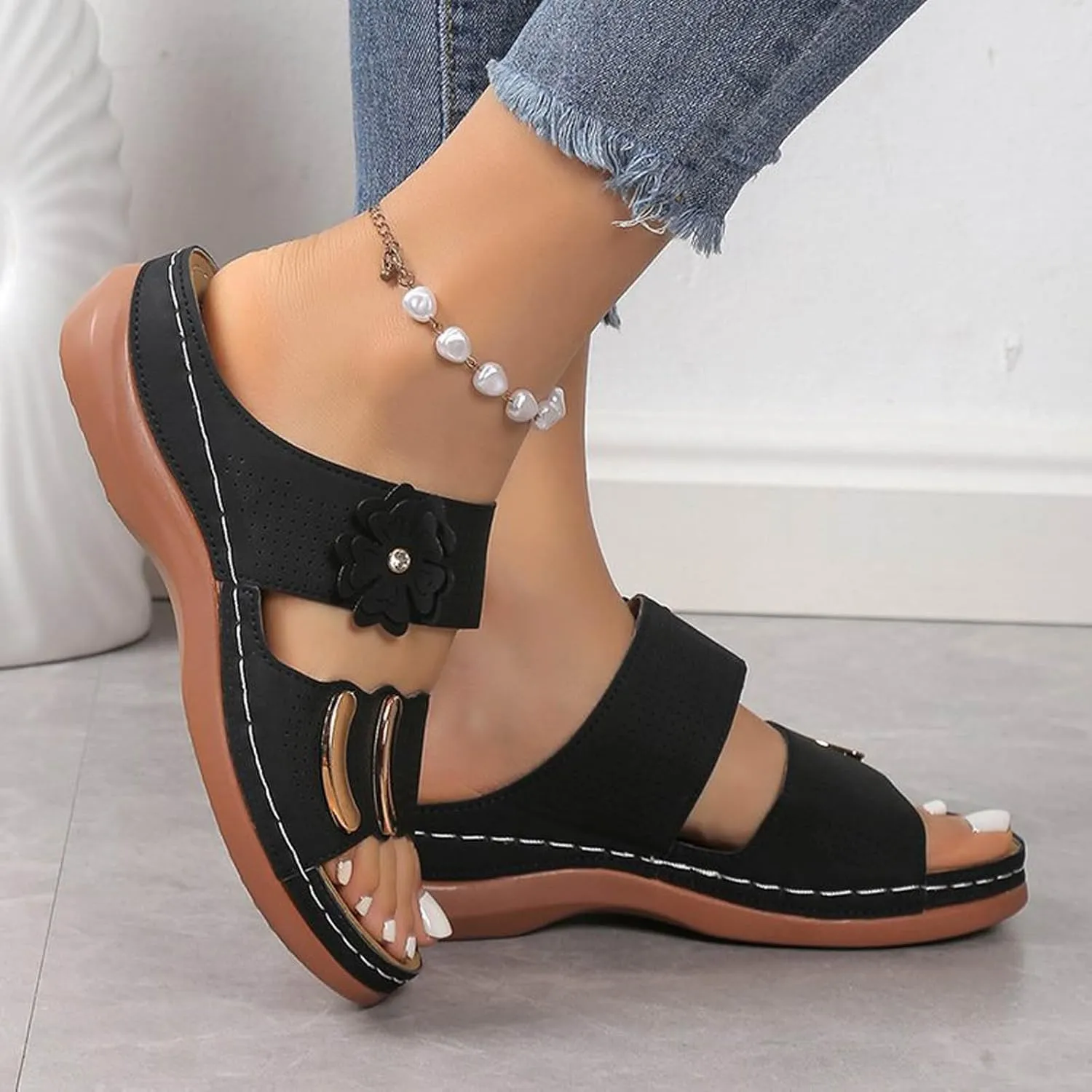Casual Sandals for Women Arch Support Orthopedic Wedge Sandal Two Band Slip On Summer Platforms Open Toe Comfy Shoes