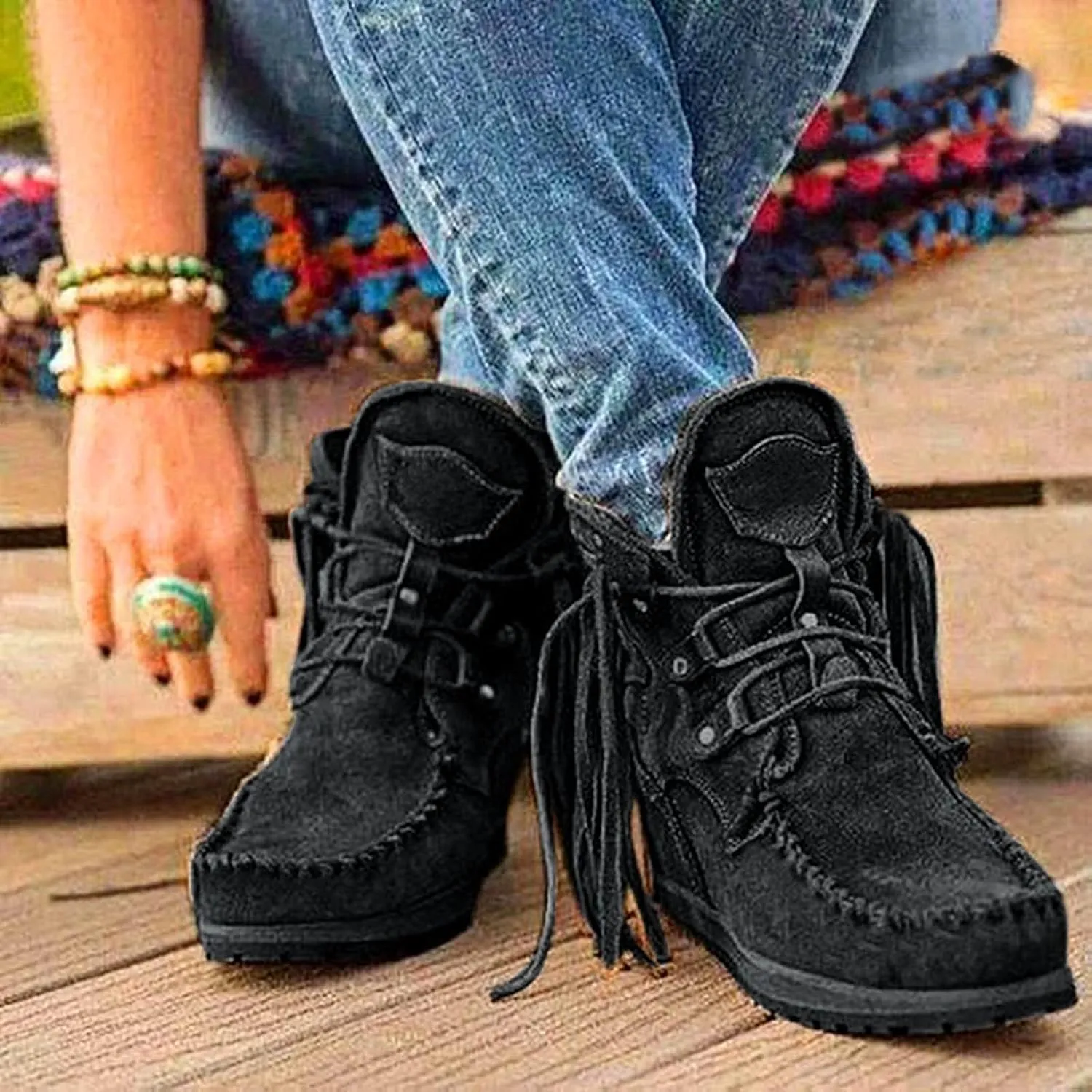 Cathalem Ankle Booties for Women, Closed Toe Low Heel Combat Western Shoes Womens Retro Cowboy Boots Fringed Ankle Boots