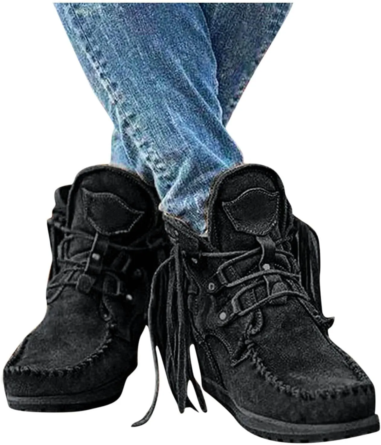 Cathalem Ankle Booties for Women, Closed Toe Low Heel Combat Western Shoes Womens Retro Cowboy Boots Fringed Ankle Boots
