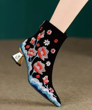Chinese Style Black Flower Embroidered Pointed Toe Short Boots CZ1018 Chinese Style Black Flower Embroidered Pointed Toe Short Boots CZ1018