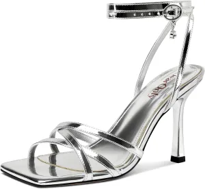 DearOnly Womens Lace up Heels Stiletto High Heeled Sandals Square Open Toe Strappy Heels Prom Party Dress 3.5 Inches Heels