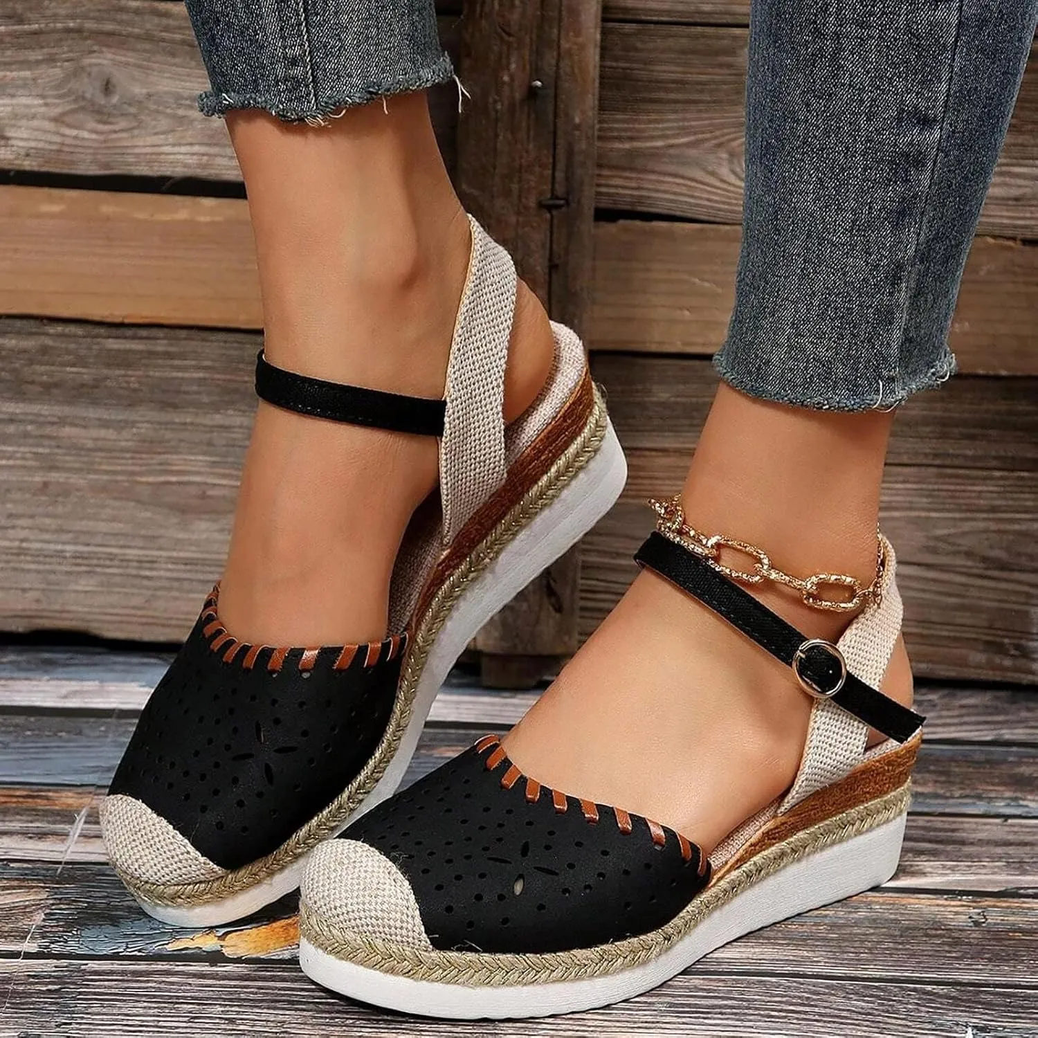 Espadrille Wedges for Women Closed Toe Espadrilles Wedge Sandals Summer Orthopedic Shoes Platform Mid Low Heel Hollow Dress Sandals