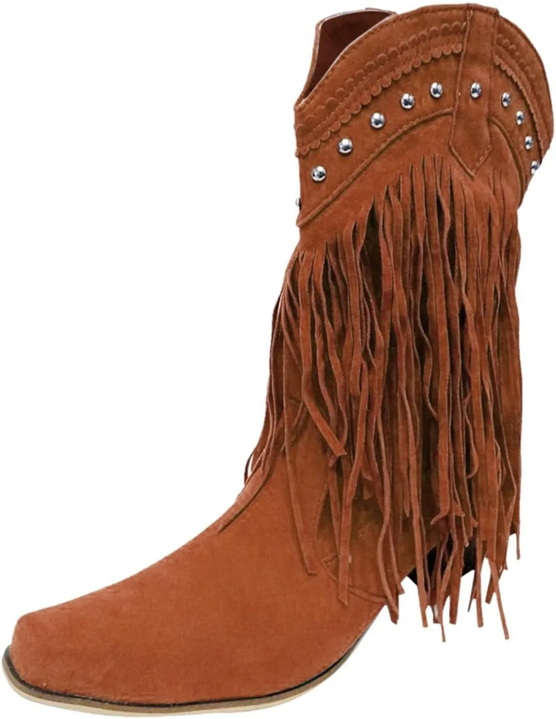 Fringe Boots For Women 2025,Stud Western Tassel Riding Cowgirl Cowboy Mid Calf Pull On Boots,Women's Fringe Cowboy Cowgirl Shoe