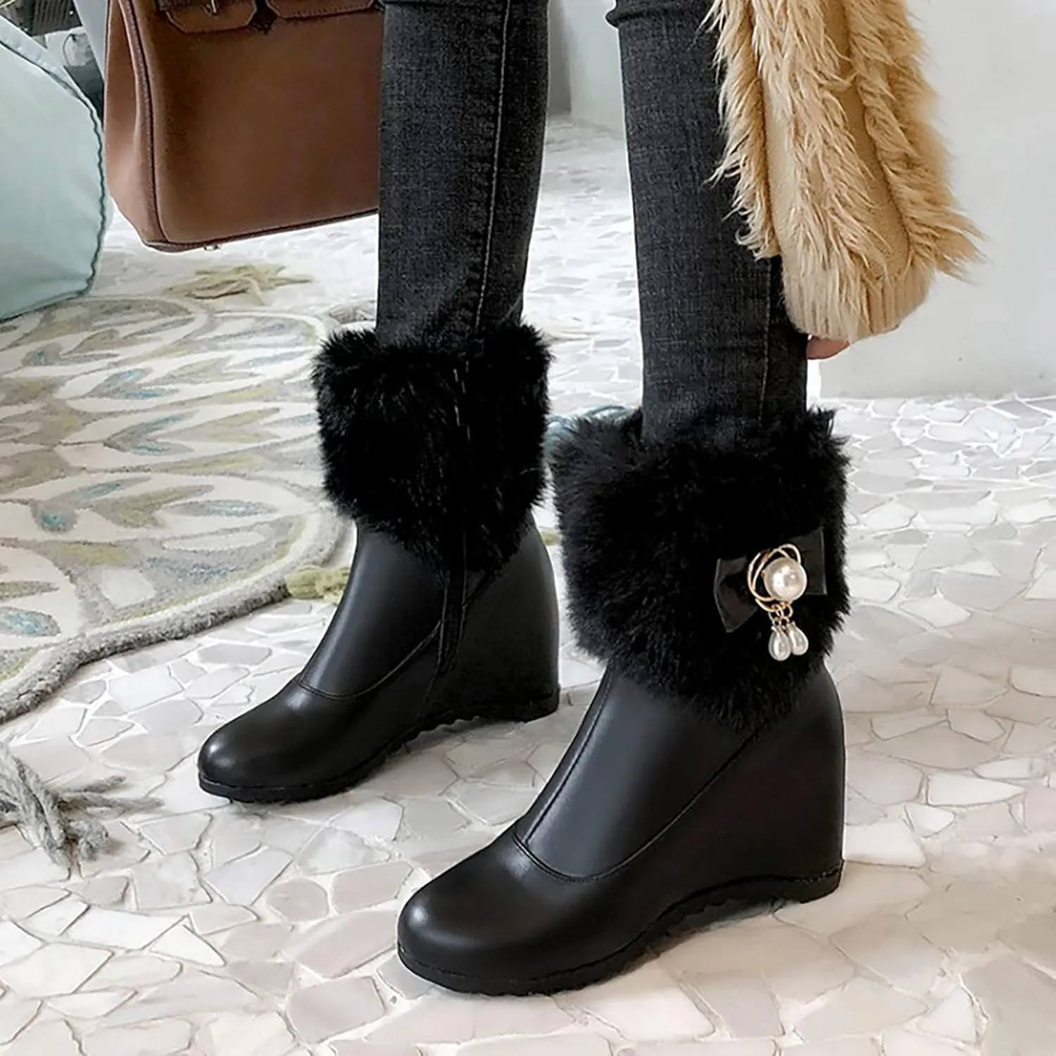 Furry Boots For Women Winter Warm Ankle Booties Side Zipper Wedge Snow Booties Round Toe Leather Furry Boots
