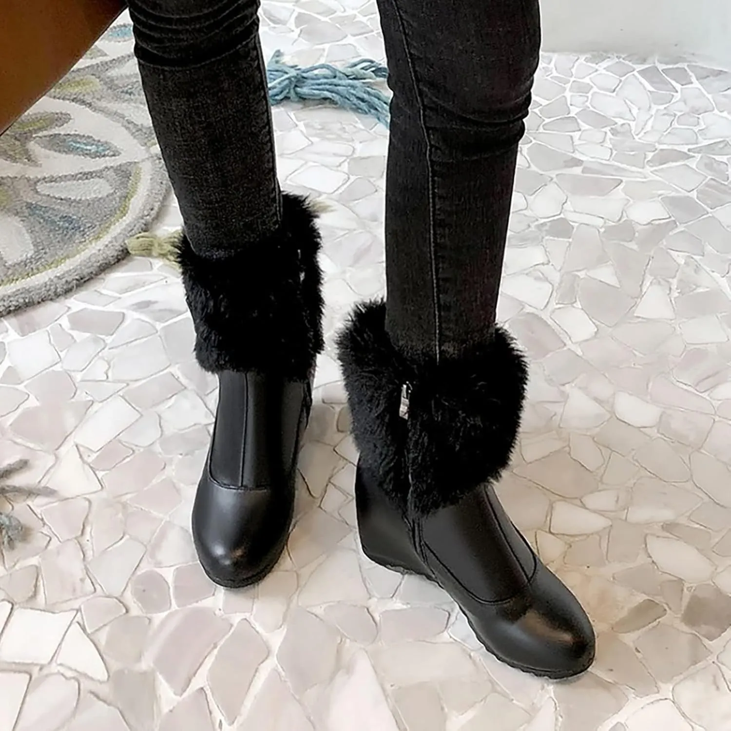 Furry Boots For Women Winter Warm Ankle Booties Side Zipper Wedge Snow Booties Round Toe Leather Furry Boots