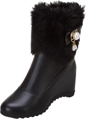 Furry Boots For Women Winter Warm Ankle Booties Side Zipper Wedge Snow Booties Round Toe Leather Furry Boots