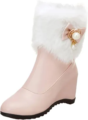 Furry Boots For Women Winter Warm Ankle Booties Side Zipper Wedge Snow Booties Round Toe Leather Furry Boots