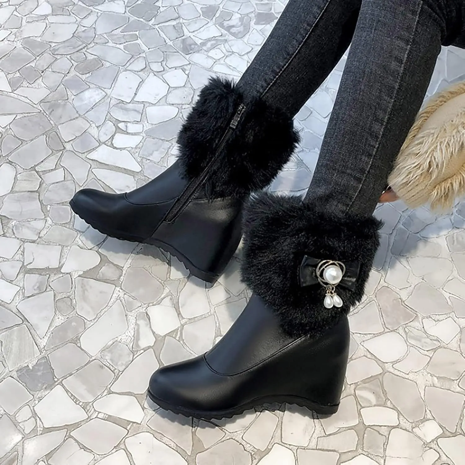 Furry Boots For Women Winter Warm Ankle Booties Side Zipper Wedge Snow Booties Round Toe Leather Furry Boots