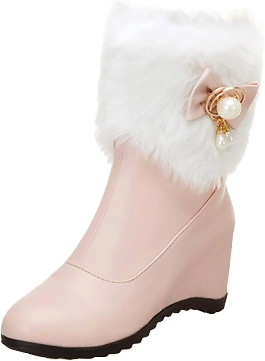 Furry Boots For Women Winter Warm Ankle Booties Side Zipper Wedge Snow Booties Round Toe Leather Furry Boots