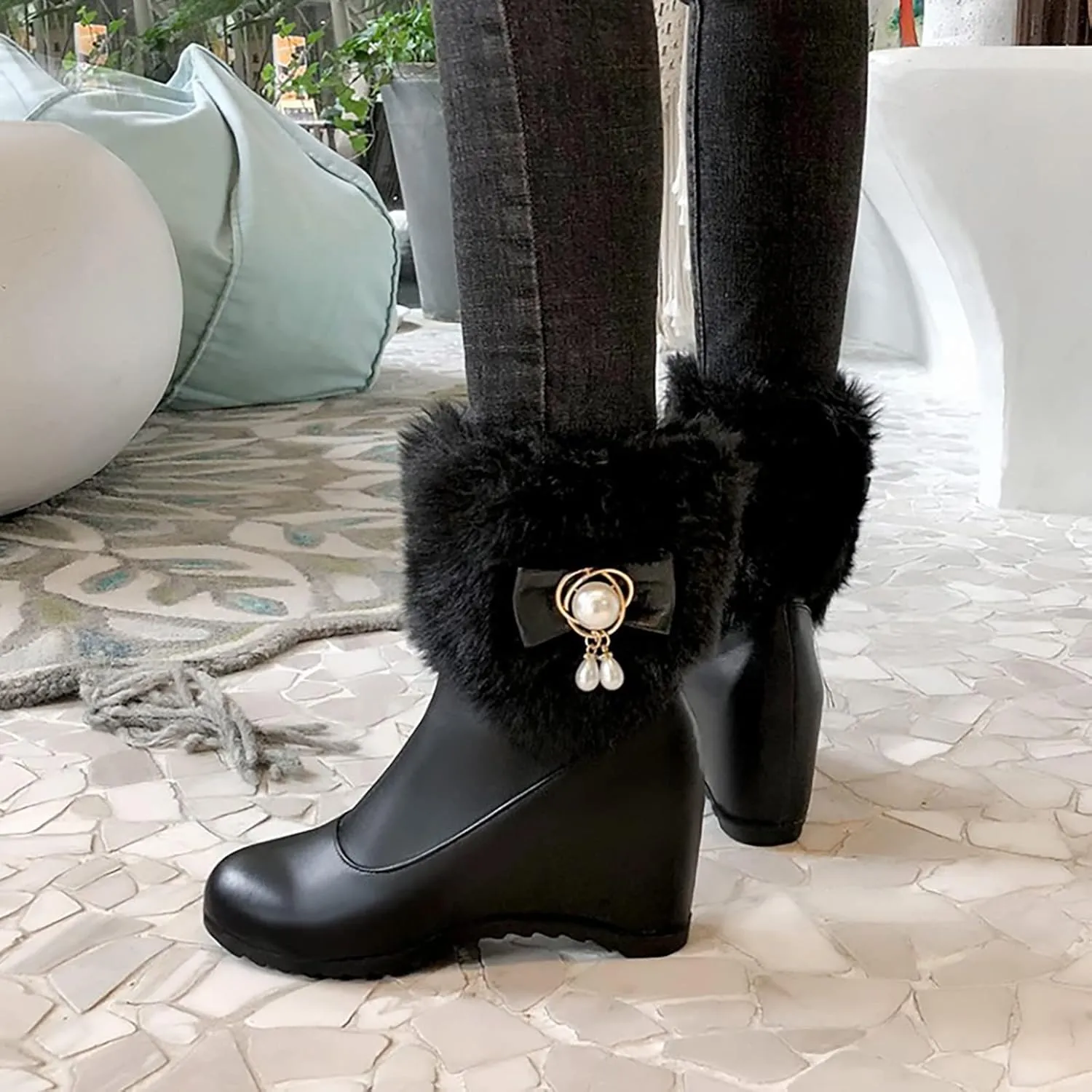 Furry Boots For Women Winter Warm Ankle Booties Side Zipper Wedge Snow Booties Round Toe Leather Furry Boots