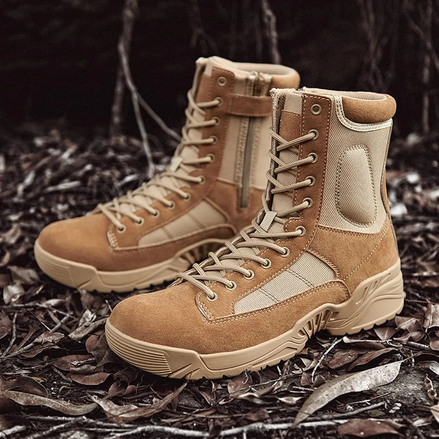 High Rise Hiking Boots, Desert Boots Mens Military, Outdoor Hiking Army Patrol Combat Side Zipper Shose, Breathable and Durable Jungle Work Tactical Footwear, for Trekking,Climbing,Fishing,Walking