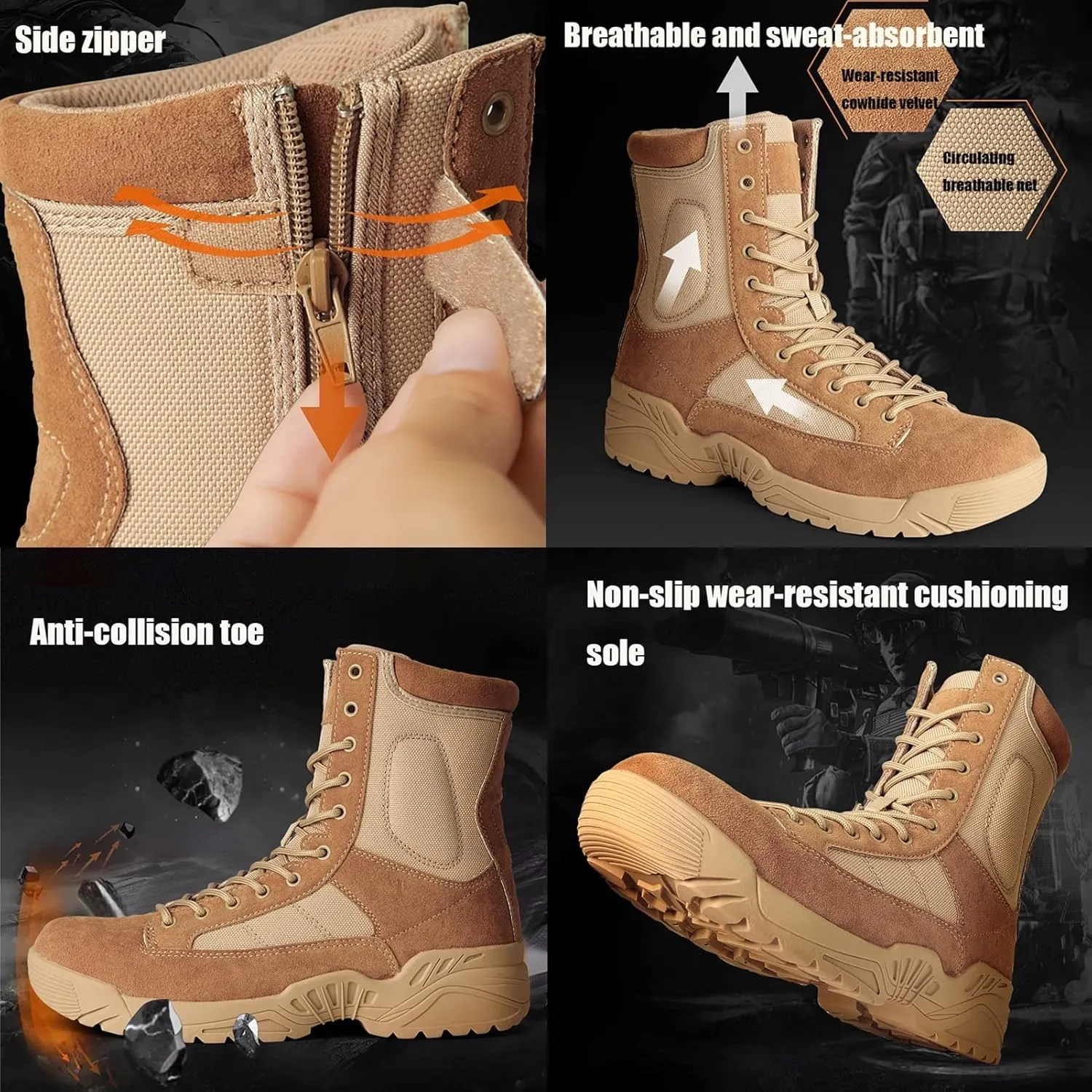 High Rise Hiking Boots, Desert Boots Mens Military, Outdoor Hiking Army Patrol Combat Side Zipper Shose, Breathable and Durable Jungle Work Tactical Footwear, for Trekking,Climbing,Fishing,Walking
