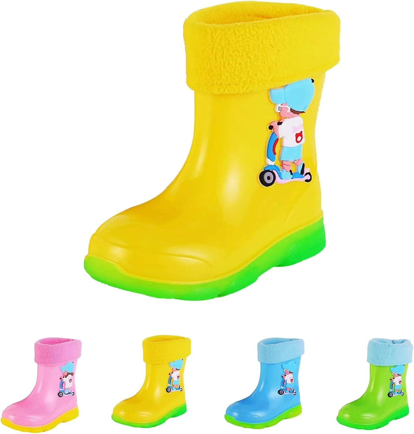 Kids Fleece Lined Rain Boots for Girls Boys Toddler Waterproof Cute Cartoon Pattern Platform Mud Kids Boots Size 3
