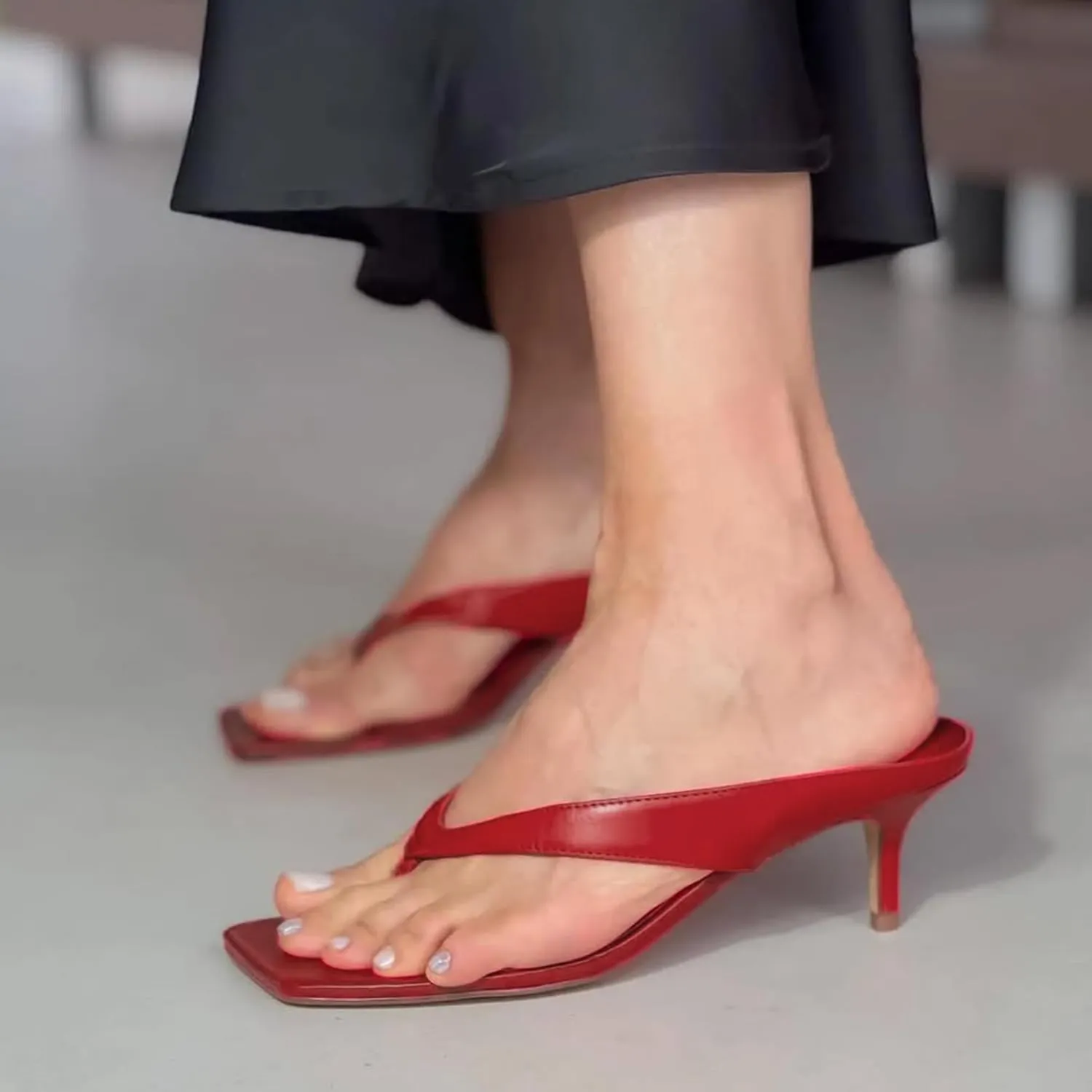 Kitten Heeled Sandals for Women Slip On Square Clip Toe Flip Flips Low Heel Pumps Comfortable Thong Slide Shoes Dressy Slippers