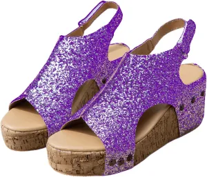 Ladmiple Sandals For Women 2024 Comfortable Wedge Sandals Open Toe Ankle Strap Platform Sparkly Glitter Summer Dress Shoes