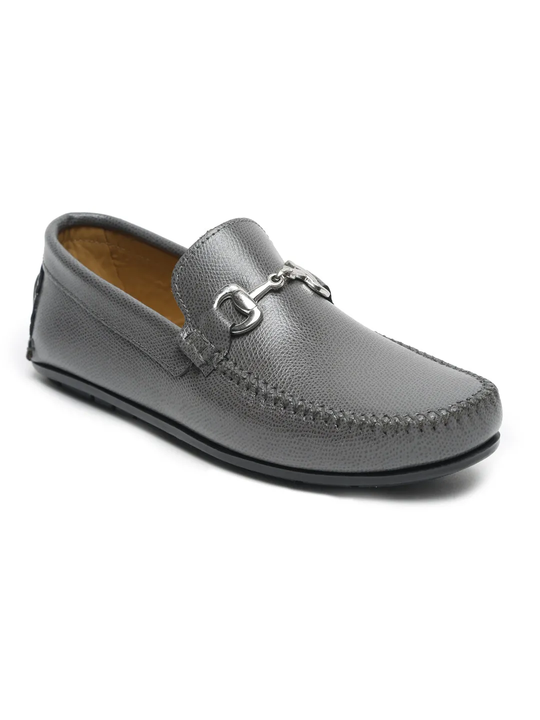 Men Grey Solid Genuine Leather Loafers