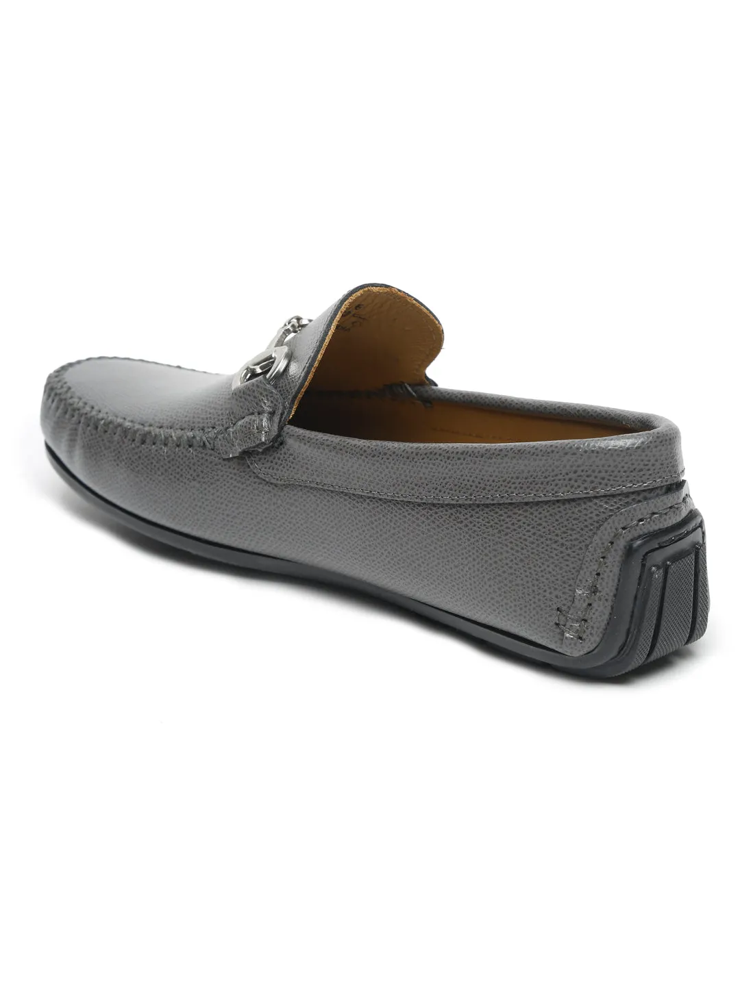 Men Grey Solid Genuine Leather Loafers