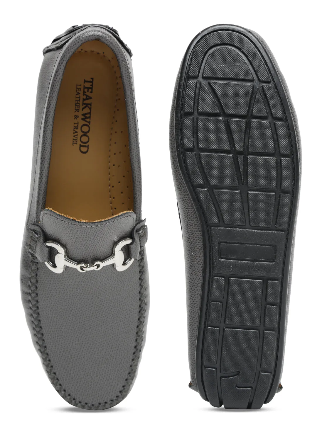 Men Grey Solid Genuine Leather Loafers