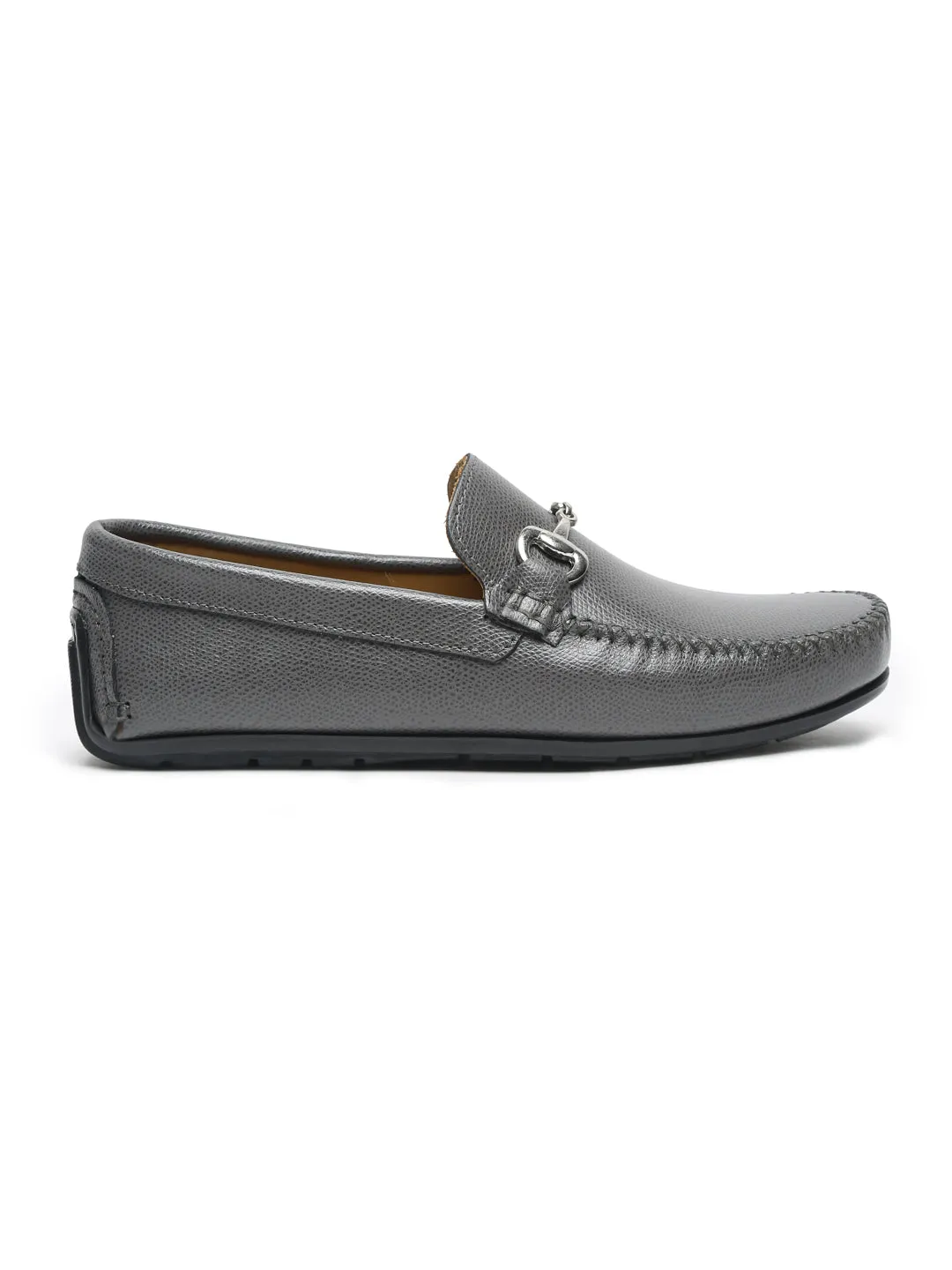 Men Grey Solid Genuine Leather Loafers