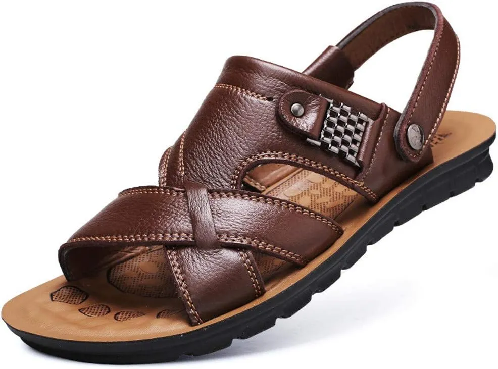 Men's Leather Sandals with Adjustable Dual use Ankle Straps, Casual Flat Walking Shoes Summer Beach Slipper Shoes