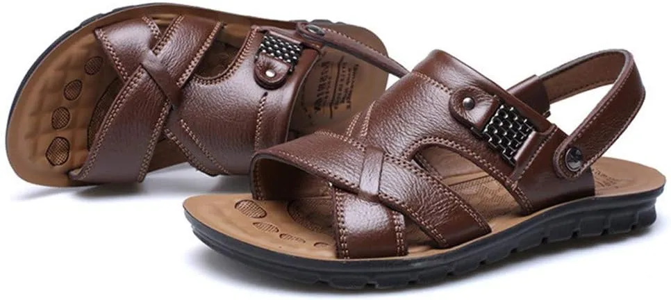 Men's Leather Sandals with Adjustable Dual use Ankle Straps, Casual Flat Walking Shoes Summer Beach Slipper Shoes