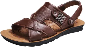 Men's Leather Sandals with Adjustable Dual use Ankle Straps, Casual Flat Walking Shoes Summer Beach Slipper Shoes