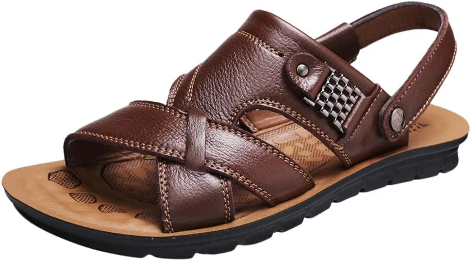 Men's Leather Sandals with Adjustable Dual use Ankle Straps, Casual Flat Walking Shoes Summer Beach Slipper Shoes