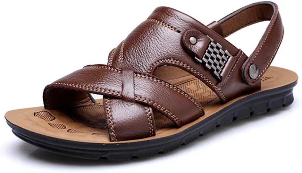 Men's Leather Sandals with Adjustable Dual use Ankle Straps, Casual Flat Walking Shoes Summer Beach Slipper Shoes