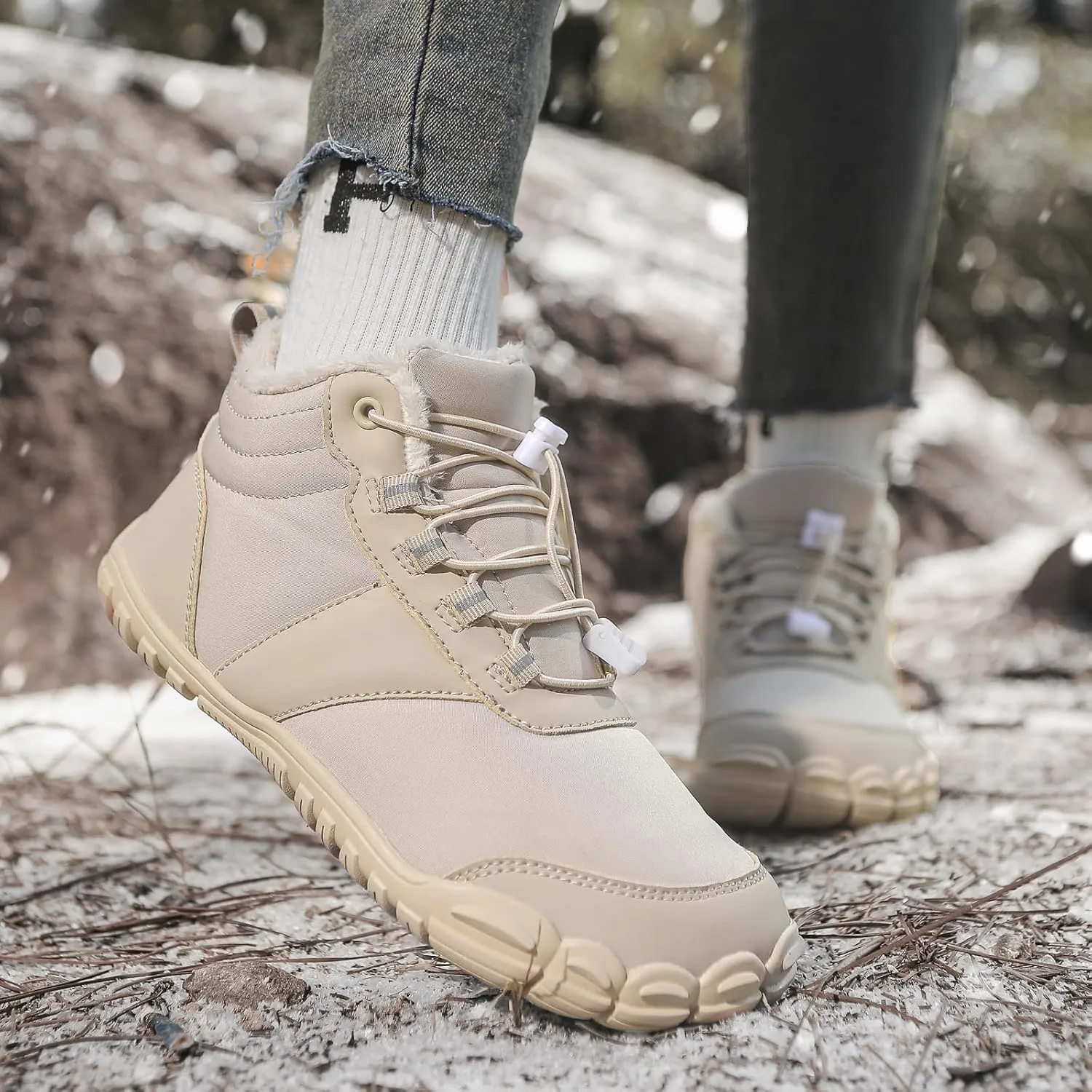 Mens Womens Winter Snow Boots Faux Sherpa Lined Waterproof Snow Sneakers Slip On Barefoot Wide Toe Box Ankle Boots