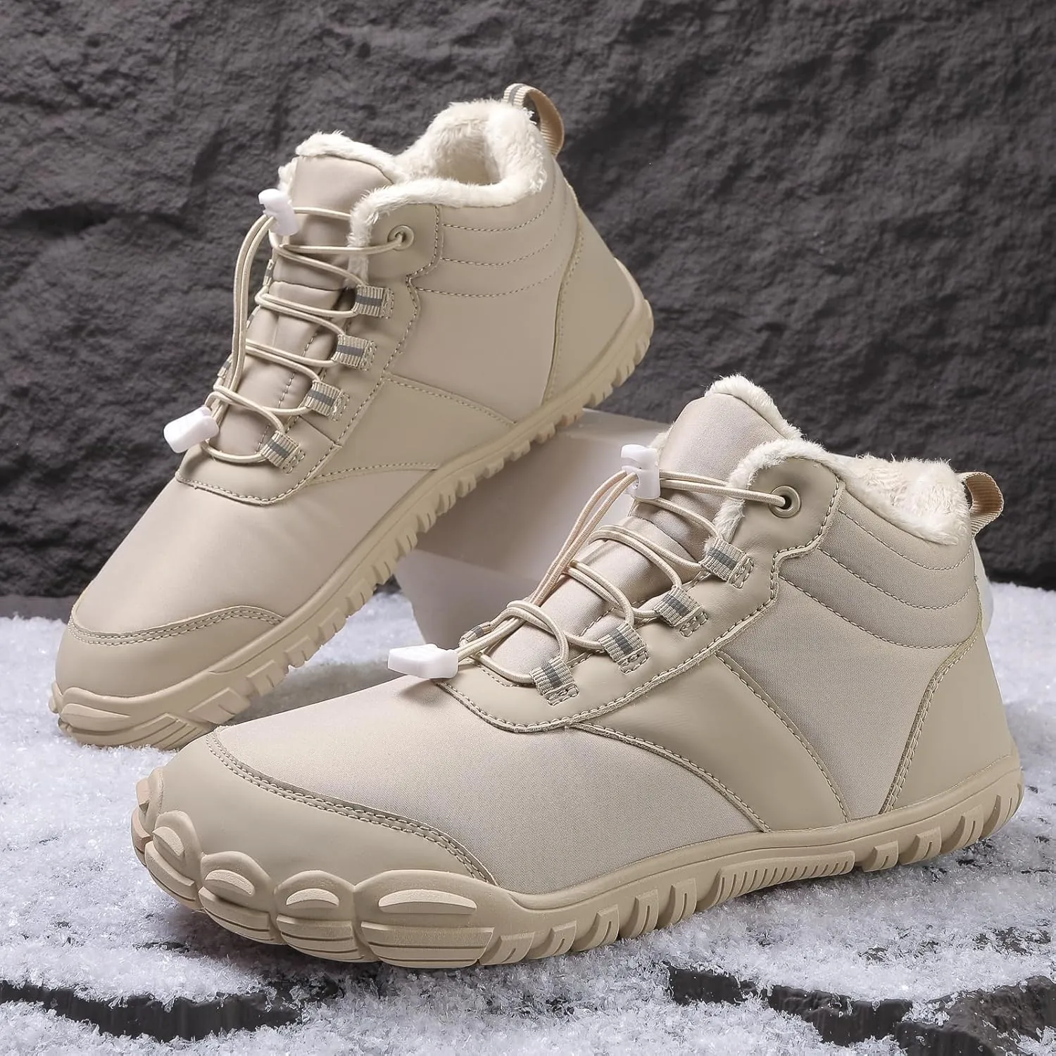 Mens Womens Winter Snow Boots Faux Sherpa Lined Waterproof Snow Sneakers Slip On Barefoot Wide Toe Box Ankle Boots