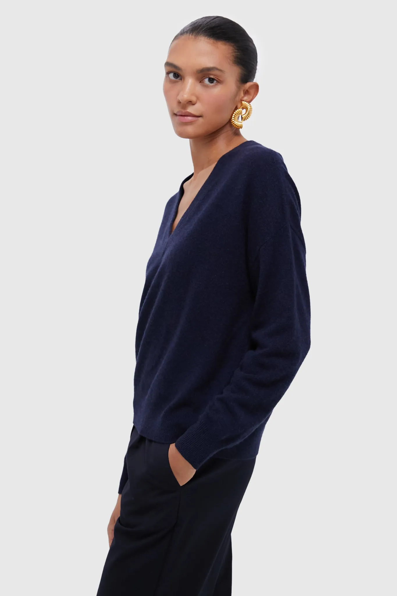 Navy Cashmere Emma V-Neck Boyfriend Sweater