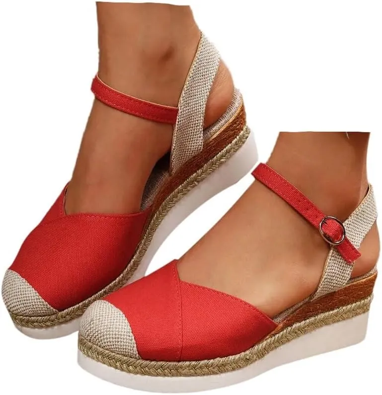 Orthopedic Platform Wedge Sandals for Women Summer Dressy, Women Walking Slippers Arch Support Closed Toe Buckle Ankle Strap Espadrilles Casual Strappy Sandals Comfortable Outdoor Shoes