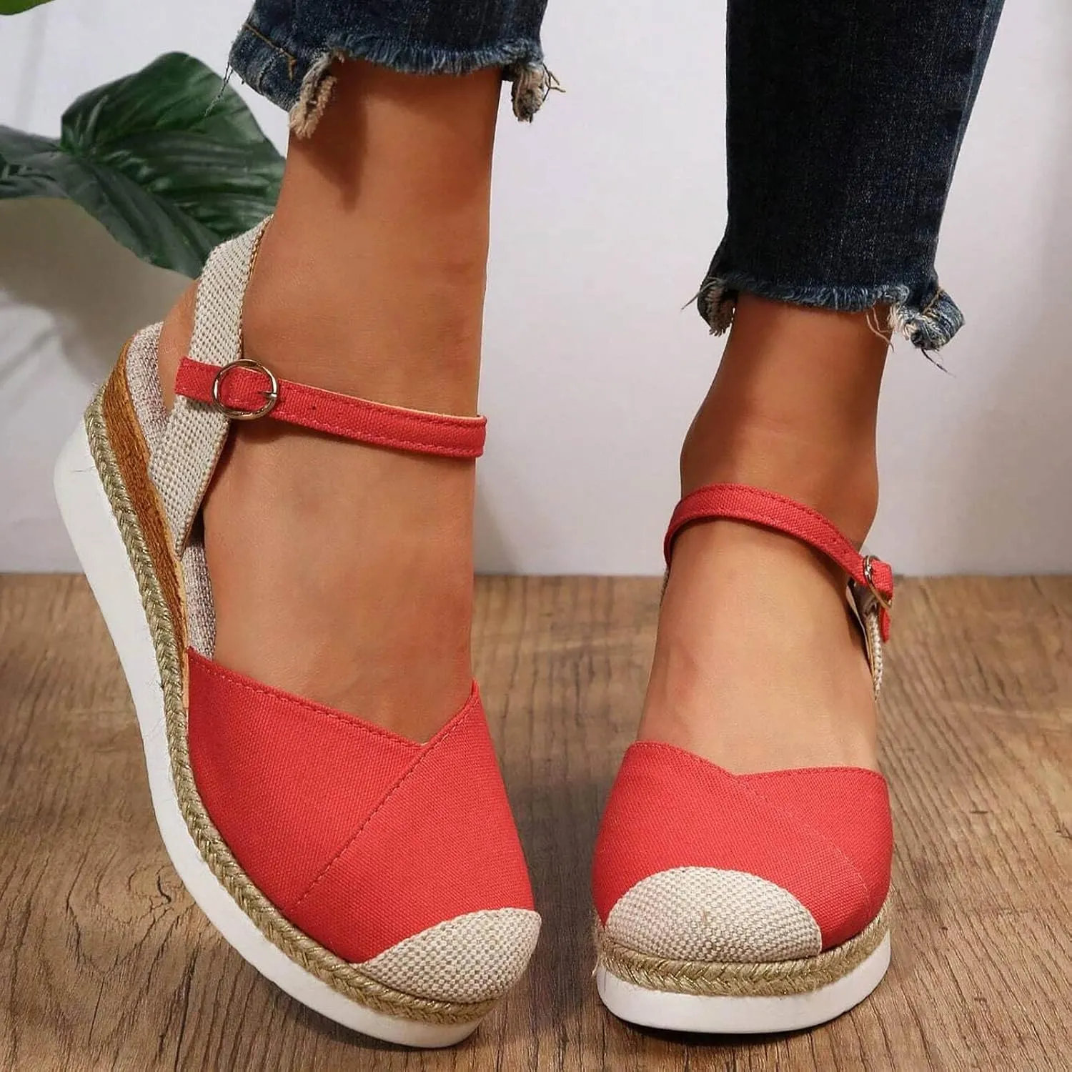 Orthopedic Platform Wedge Sandals for Women Summer Dressy, Women Walking Slippers Arch Support Closed Toe Buckle Ankle Strap Espadrilles Casual Strappy Sandals Comfortable Outdoor Shoes