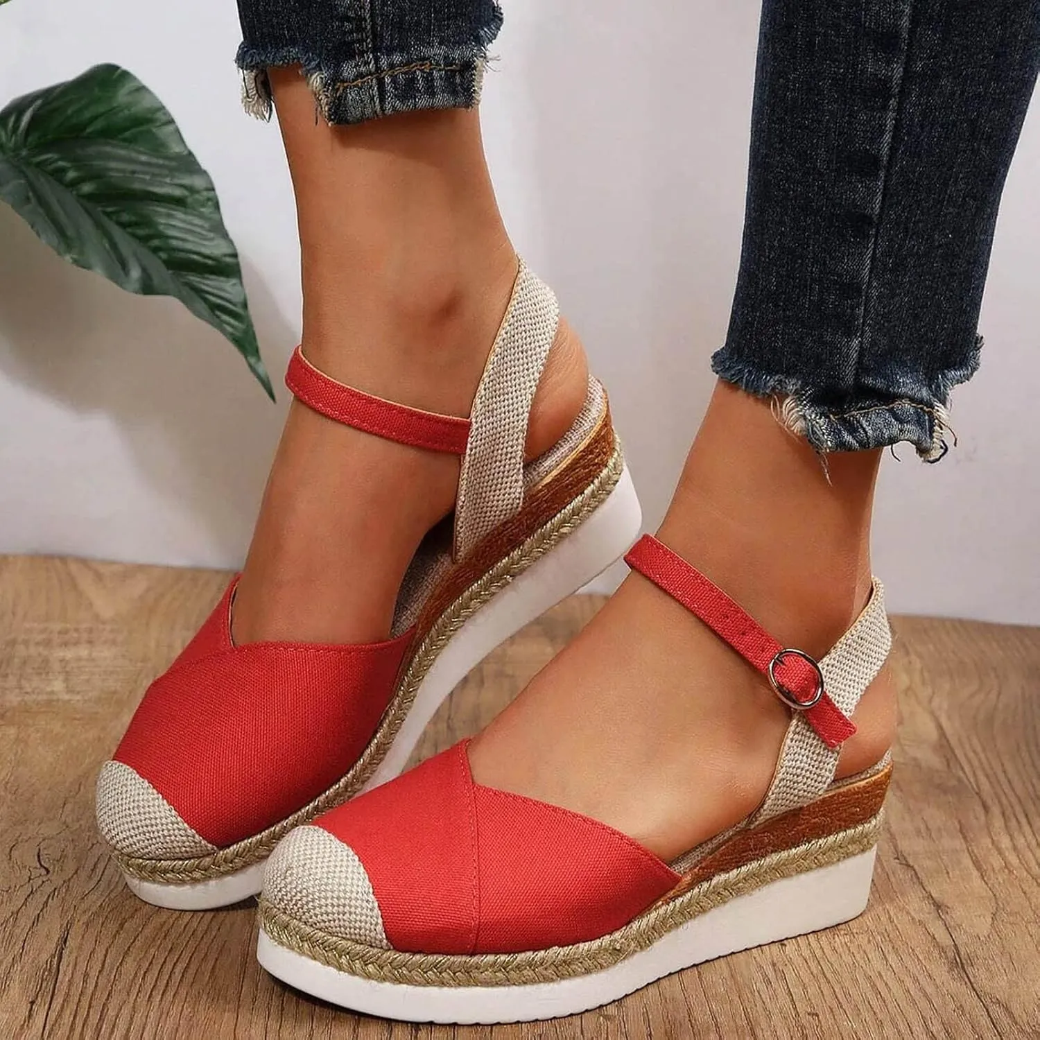 Orthopedic Platform Wedge Sandals for Women Summer Dressy, Women Walking Slippers Arch Support Closed Toe Buckle Ankle Strap Espadrilles Casual Strappy Sandals Comfortable Outdoor Shoes